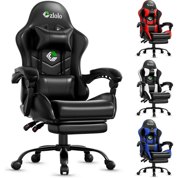Czlolo Silla gaming negra con masaje lumbar, Negro